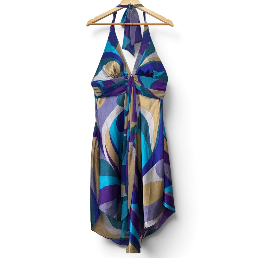 Alyn Paige Vintage Y2K Psychadelic  Halter Handkerchief Hem Mini Dress 11/12